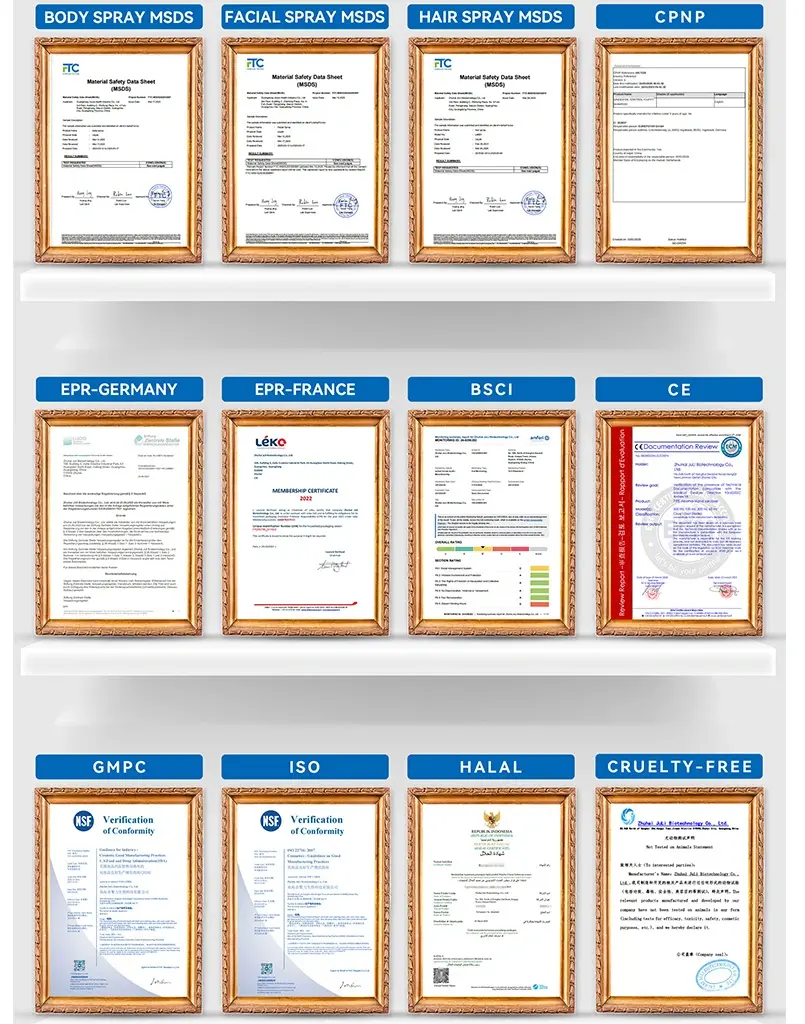 Beslocosmetics OEM Dry Shampoo Certificates related to the manufacturer's factory