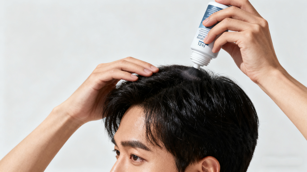 Spray evenly on hair fibers in areas with thinning hair