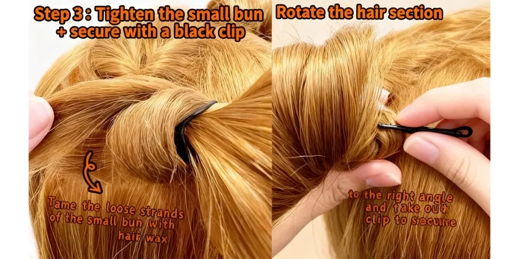 Halloween Hairstyle Guide Step3 Tighten the small bun+ secure with a black clip