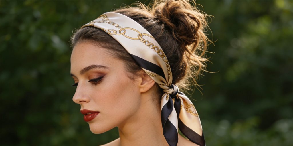 A Holiday Hair Guide. 2 A silk scarf tied around a messy bun or half-up style