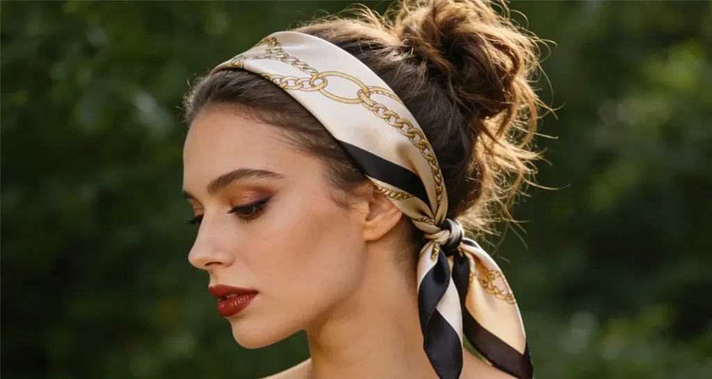 A Holiday Hair Guide. A silk scarf tied around a messy bun or half-up style